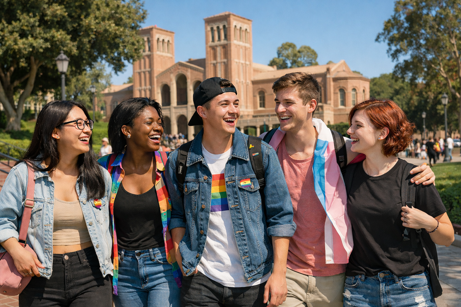A group of students walking happily on UCLA campus in sunlight