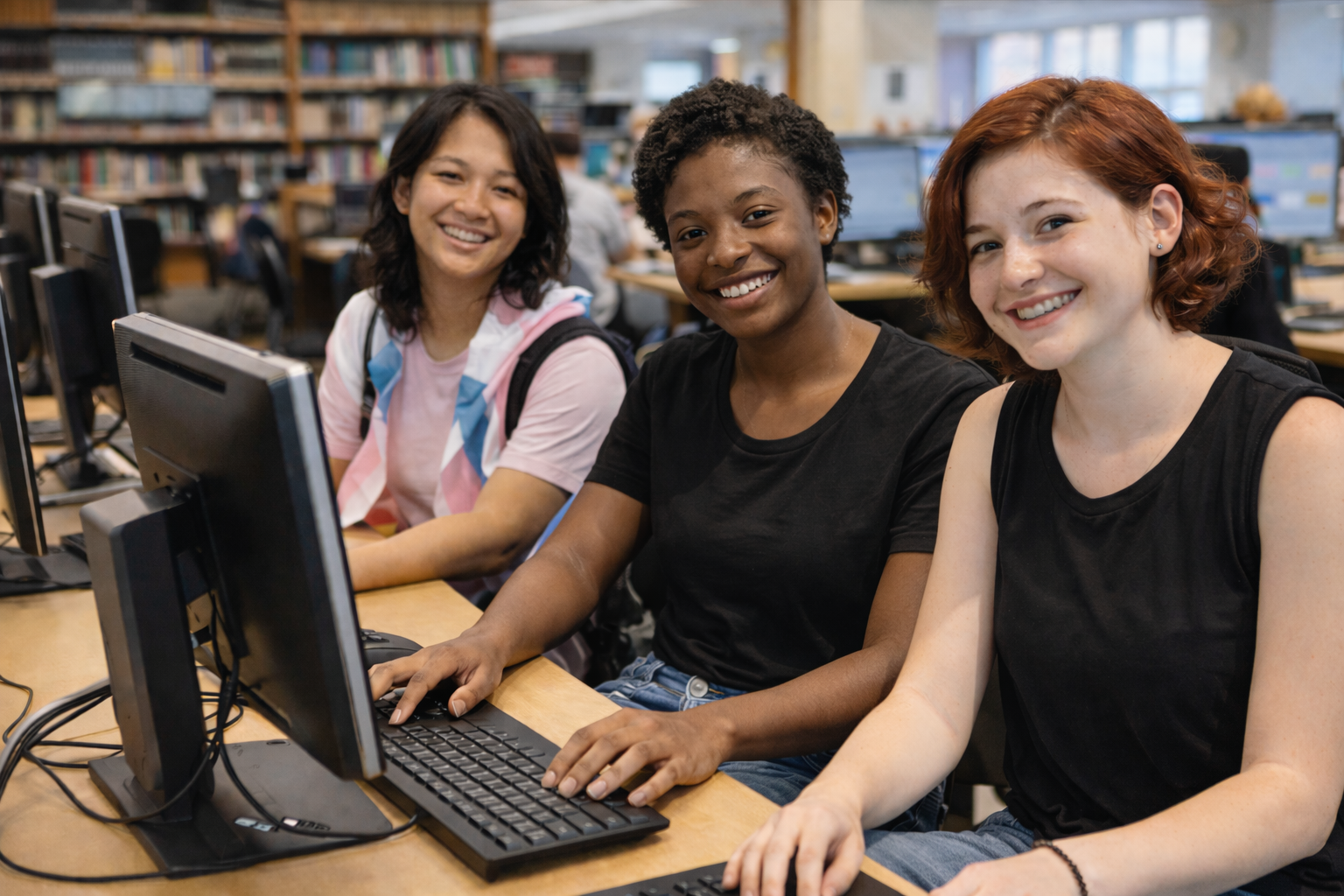 Three students smiling together in a UCLA library computer lab