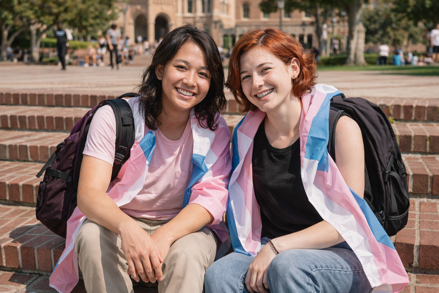 Two students sitting on brick steps on UCLA campus
